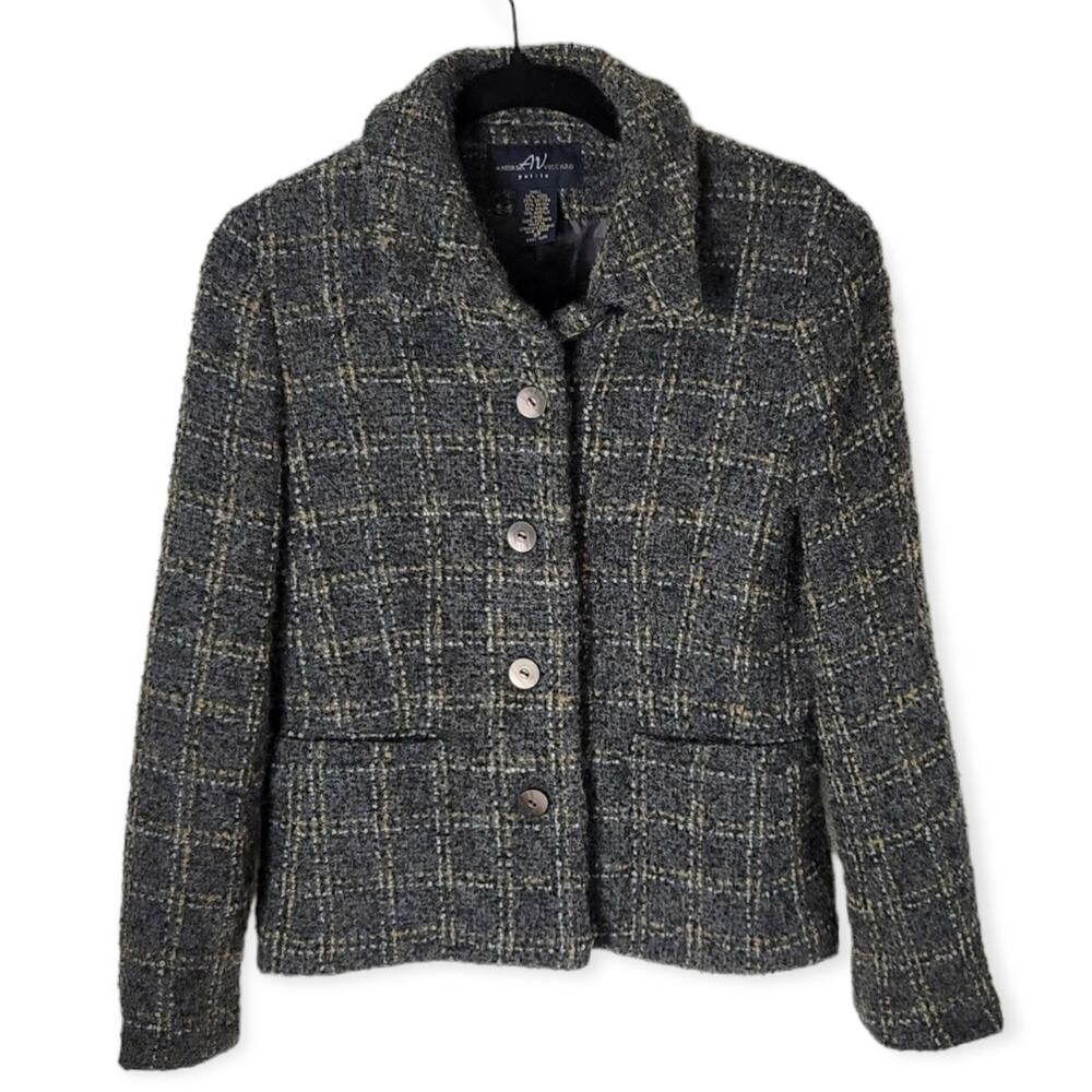 Andrea Viccaro Gray Wool Blend Grid Button Down Blazer Size 6 Petite Career